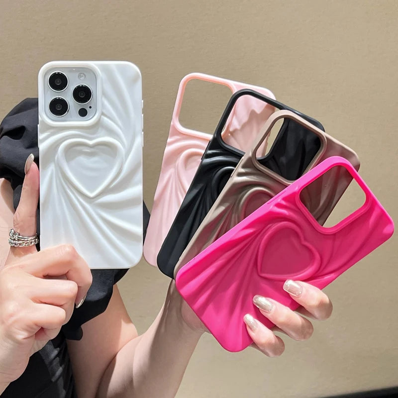 Phone Case For iPhone 13 14 15 Pro Max 16 Plus 11 12 ProMax Soft Matte Silicone Full Cover Fashion Fold Wrinkle 3D Love Heart