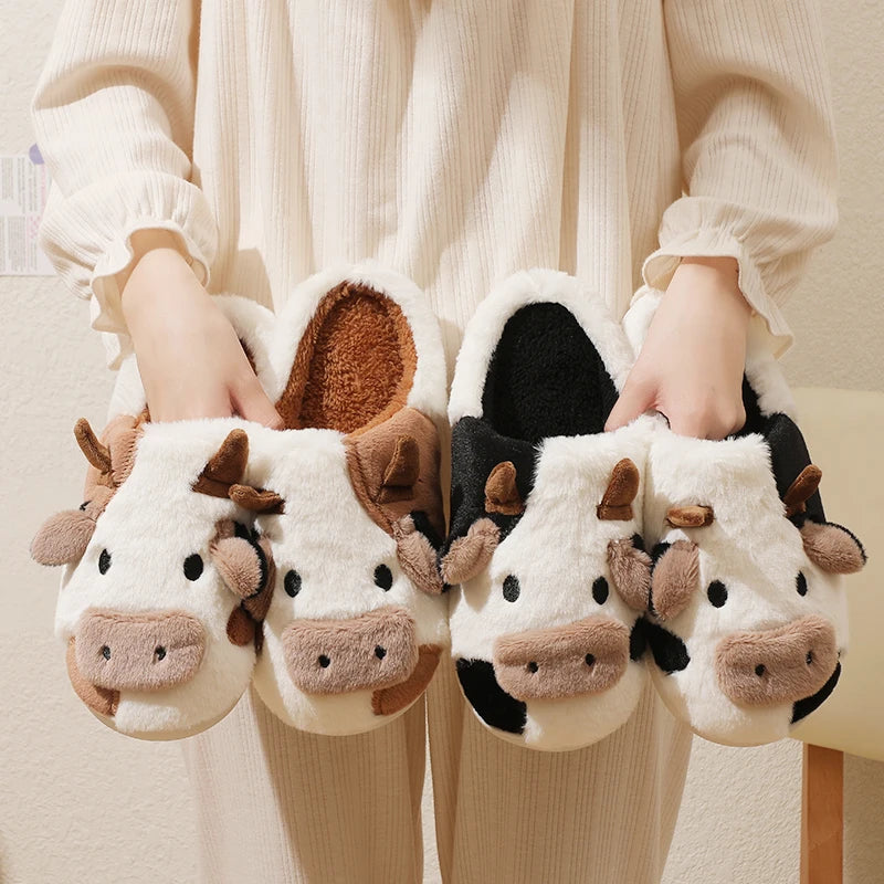 VNSPORT Winter Unisex Cartoon Cow Warm Plush Slippers