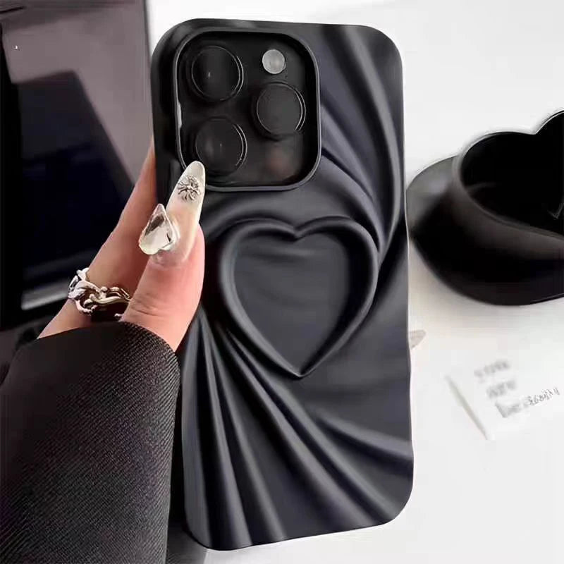 Phone Case For iPhone 13 14 15 Pro Max 16 Plus 11 12 ProMax Soft Matte Silicone Full Cover Fashion Fold Wrinkle 3D Love Heart