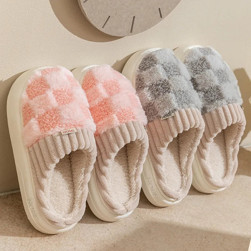 VNSPORT Fashion Couple Winter Toe Wrap Warm Plaid Cotton Slippers