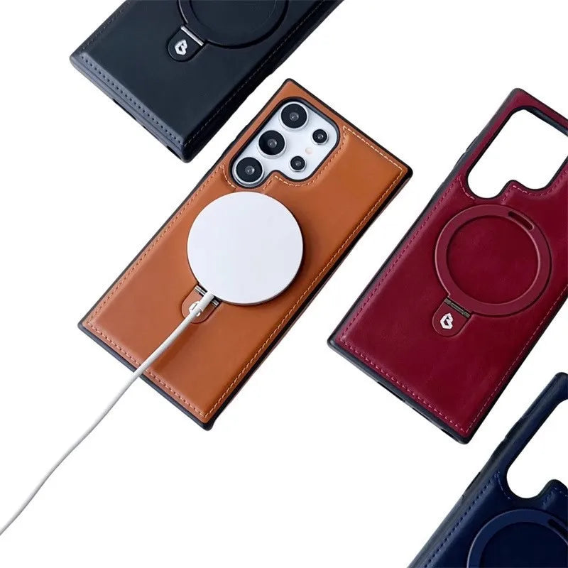 Luxury Magnetic Bracket PU Leather Phone Case, For Samsung Galaxy Series S25 S24 S23 S22 Ultra Magsafe Wireless Charging Case