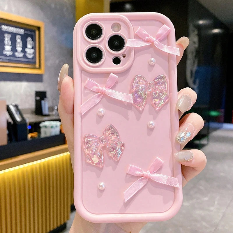 3D Bow Pearl Decorated Phone Case For iPhone 16 15 14 13 12 11 Pro Max 16E XS X XR 7 8 Plus SE2 Shockproof Silicone Soft Cover