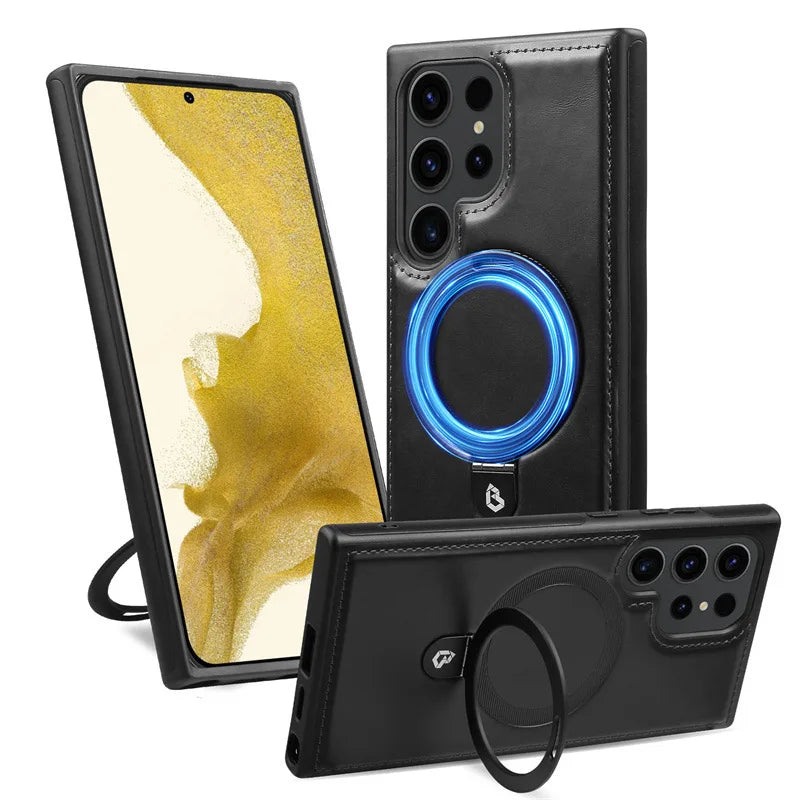 Luxury Magnetic Bracket PU Leather Phone Case, For Samsung Galaxy Series S25 S24 S23 S22 Ultra Magsafe Wireless Charging Case