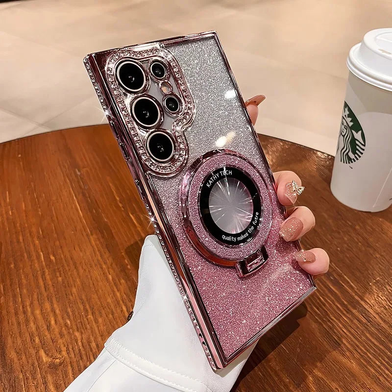 Luxury Glitter Magsafe Bracket Diamond Case for Samsung Galaxy S25 S24 Ultra S23 S22Plus A55 A35 A25 A24 A15 A05S Plating  Cover