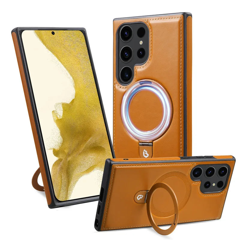 Luxury Magnetic Bracket PU Leather Phone Case, For Samsung Galaxy Series S25 S24 S23 S22 Ultra Magsafe Wireless Charging Case