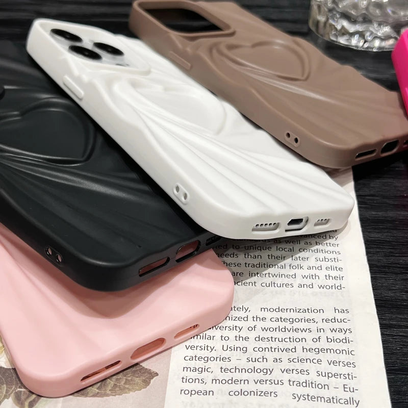 Phone Case For iPhone 13 14 15 Pro Max 16 Plus 11 12 ProMax Soft Matte Silicone Full Cover Fashion Fold Wrinkle 3D Love Heart