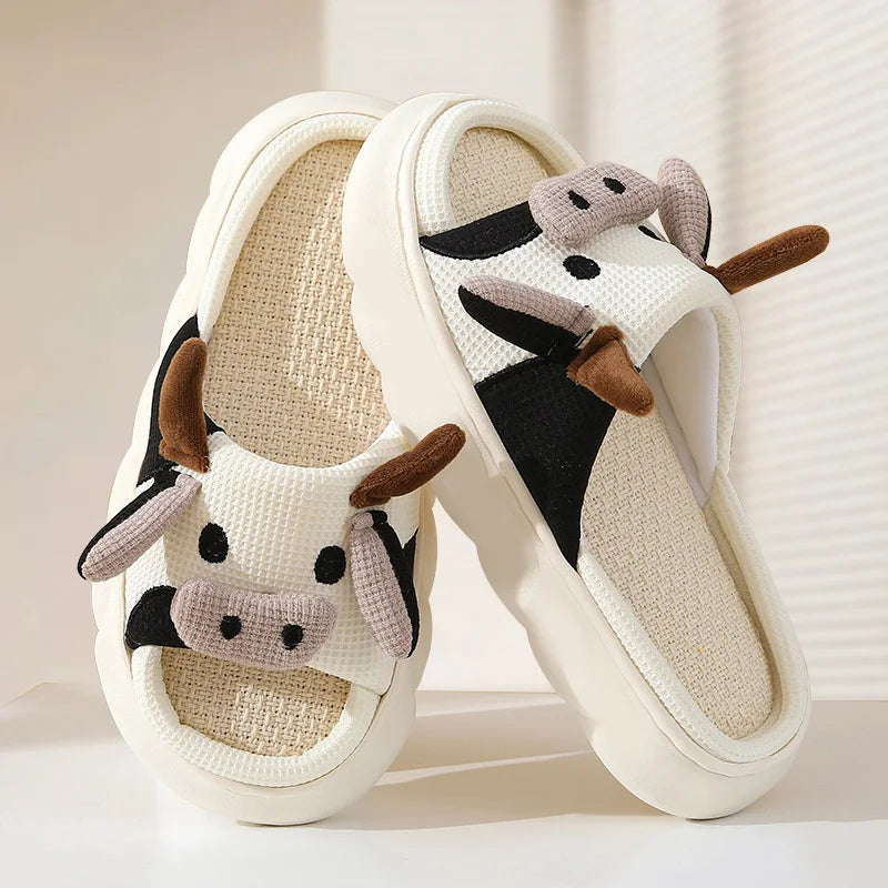 Cartoon Cute Cow House Slippers for Women – Platform Soft Sole, Anti-Slip, Lightweight Warm Plush Indoor Cozy Slides