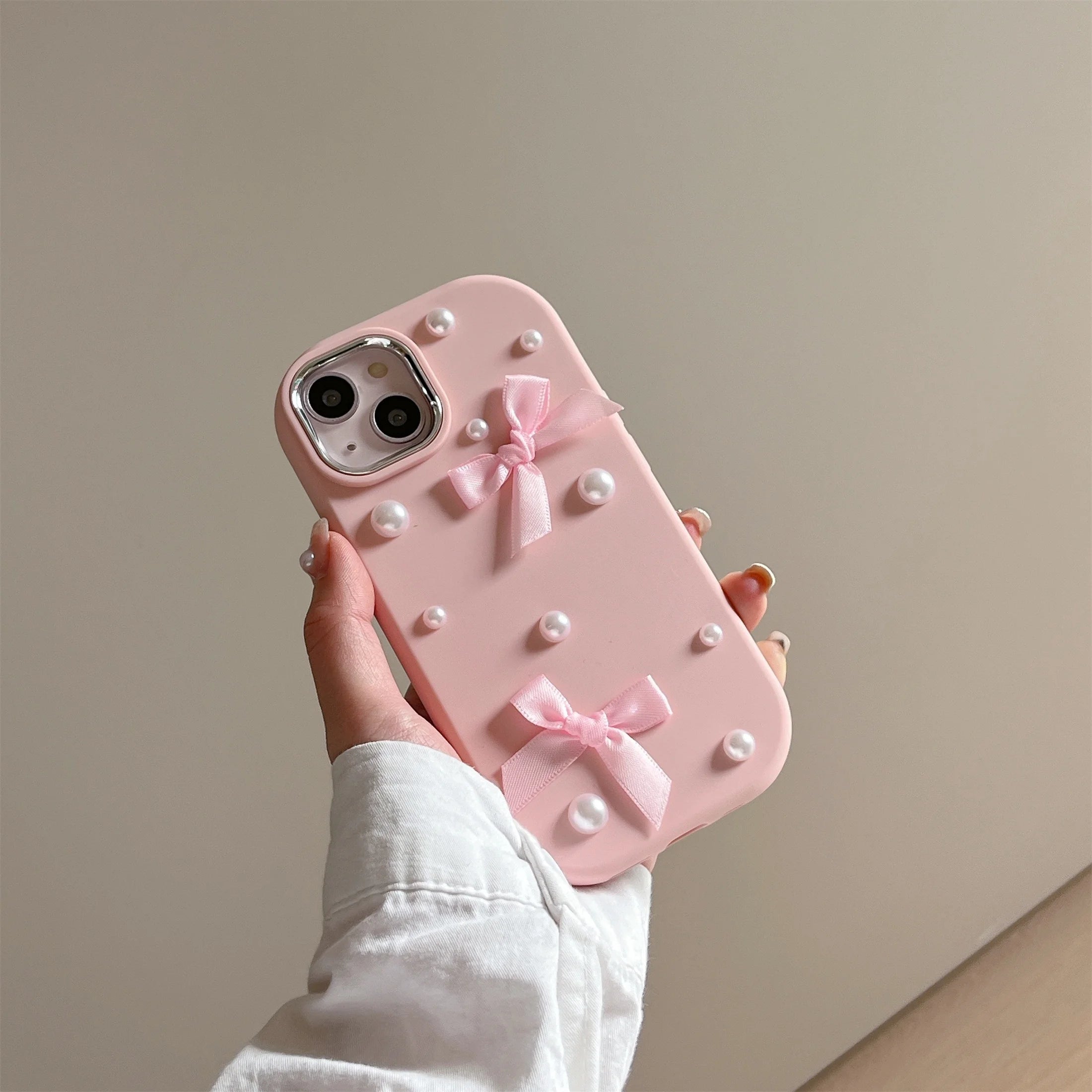 For iPhone 15 14 13 12 11 Pro Max Case 3D Pearl Bowknot Drop-proof Silicone Protective Cover