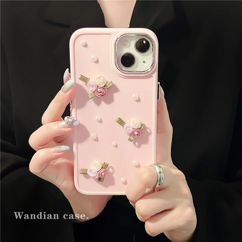 3D Cute Flower Pearl Heart Phone Case for iPhone 16 15 14 13 12 11 Pro Max Plus XS XR Shockproof Drop Protect Back Cover Luxury