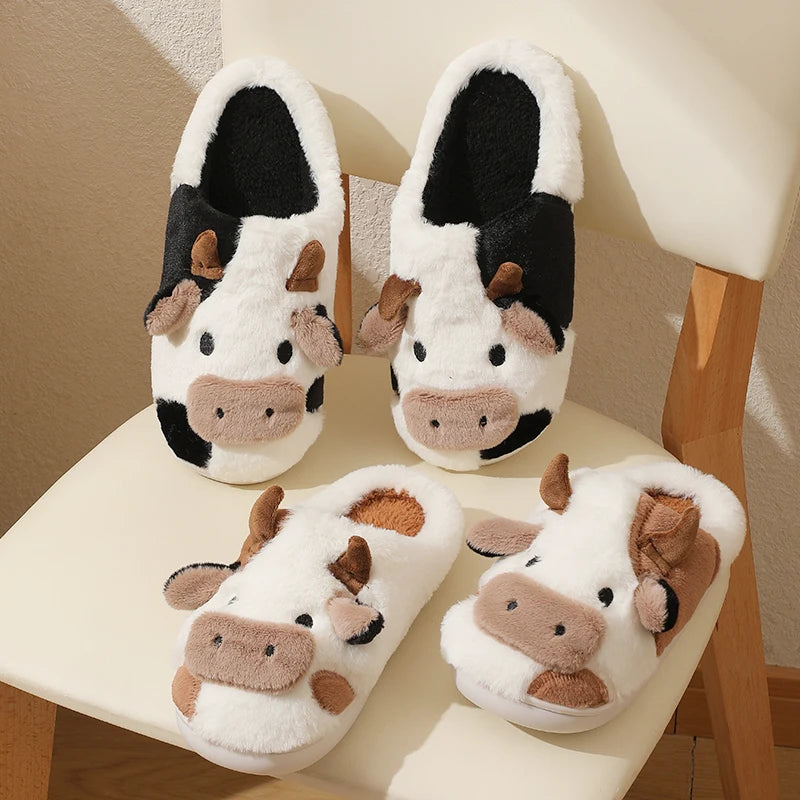 VNSPORT Winter Unisex Cartoon Cow Warm Plush Slippers