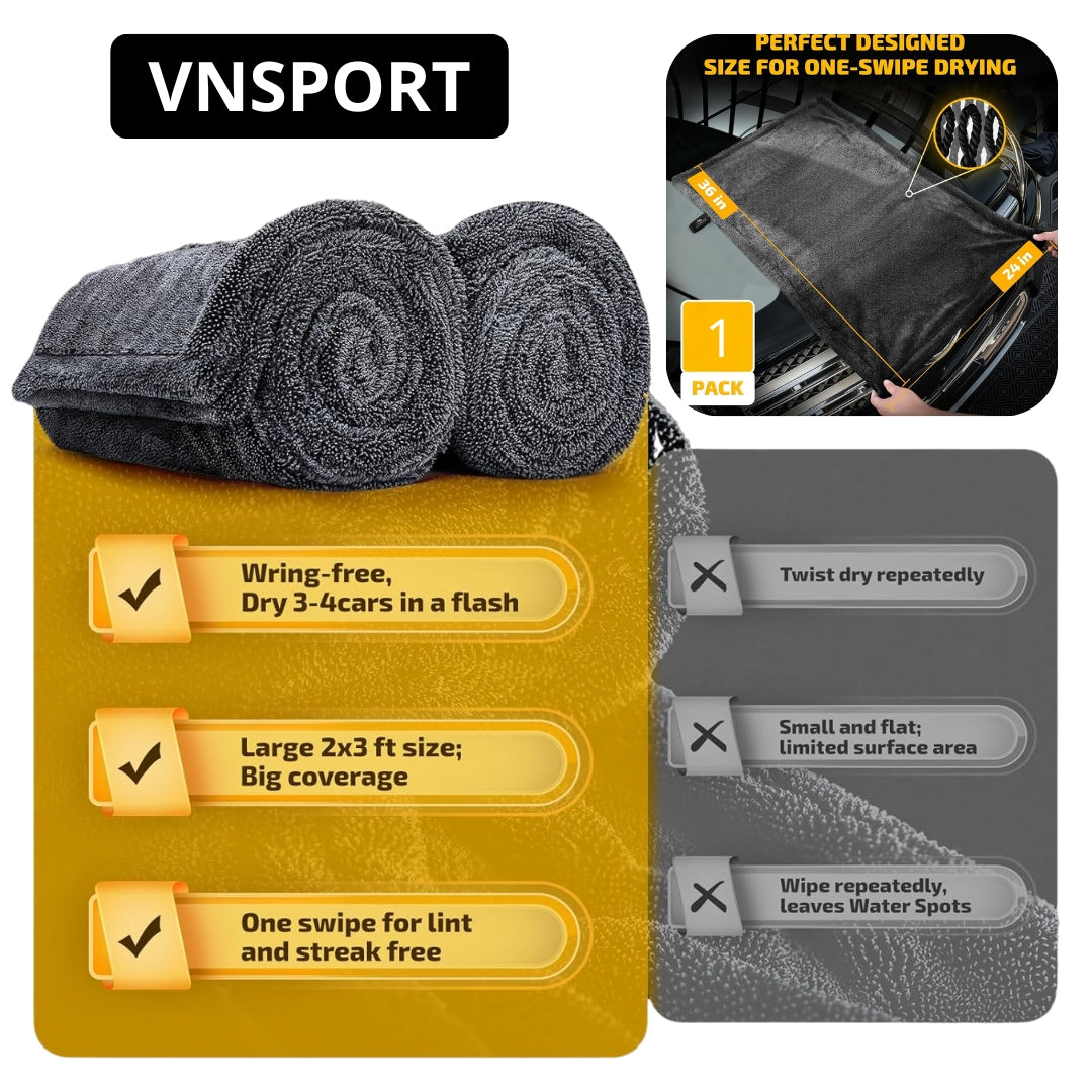 VNSPORT Car Drying Towels – Microfiber Towels for Cars (36" x 24"), Ultra-Absorbent, Streak-Free, Scratch-Free, No Water Spots, Double-Twist Pile & Edgeless Design